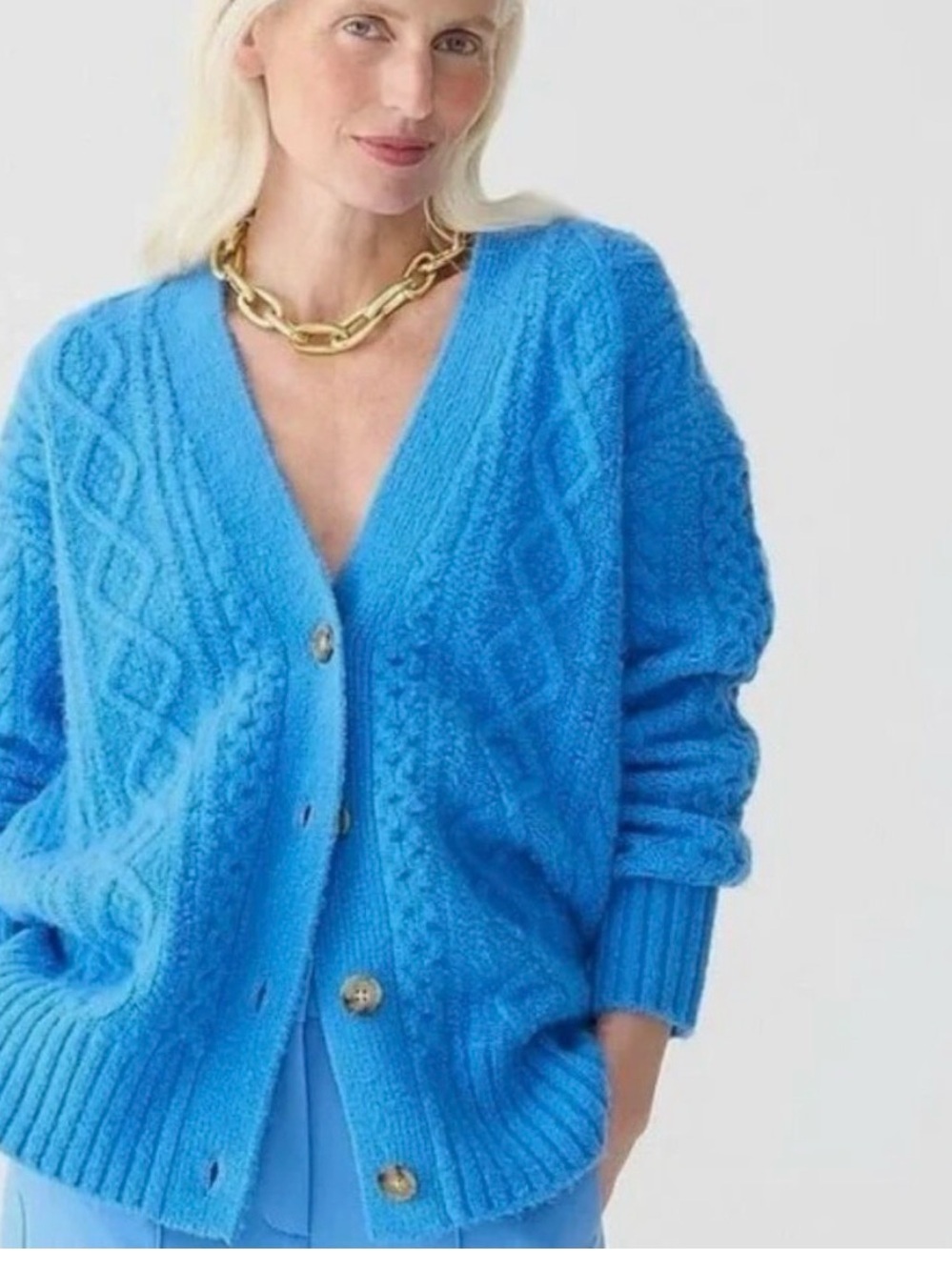 J. Crew Bright Blue Cable-Knit V-Neck Cardigan